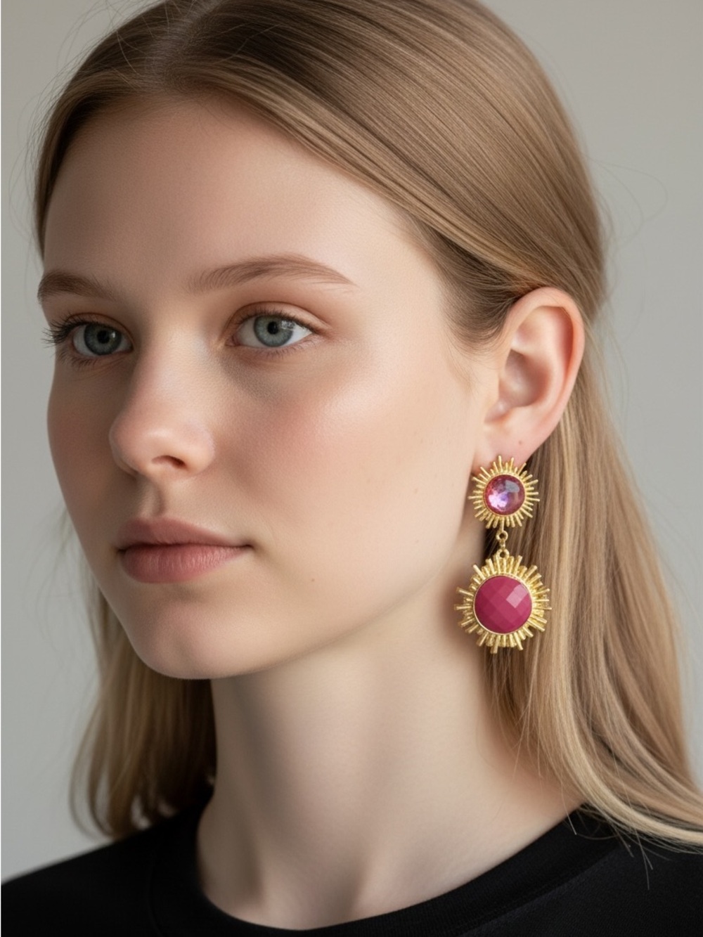 9/18 Elegant Gold and Pink Sunburst Drop Earrings - Women Jewelry